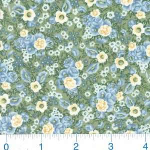  45 Wide Unfolding Beauty Flowers Sage/Blue Fabric By The 