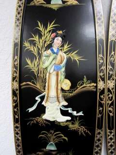 Oriental Chinese Lacquer Wall Decor Plaque, Four Beauties Design Asian 