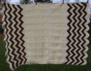   Cream Brown Stripe Heavy Afghan Blanket Throw Hand Crocheted 60 x 44