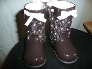 Baby Deer Patent Quilted Boot (Infant/Toddler) Brown with Pink Polka 