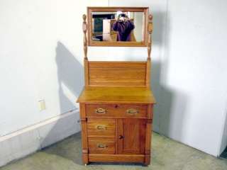 Antique Golden Oak Arts & Crafts Washstand w Mirror  