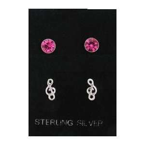 Sterling Silver Mini G Clef Music Note + Pink Solitaire Earrings on 