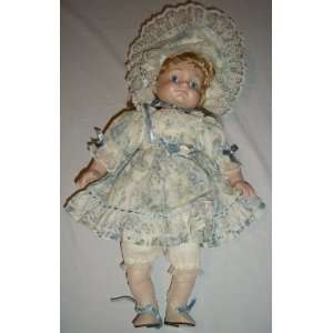  Large Crying Porcelain Doll Girl in Blue Floral Dress 