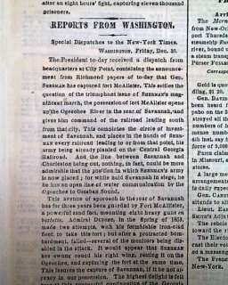 SAVANNAH GA William T. Sherman 1864 Civil War Newspaper  