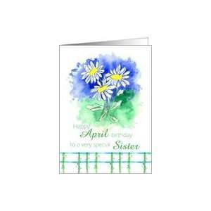 Happy April Birthday Sister White Shasta Daisy Flower Watercolor Card