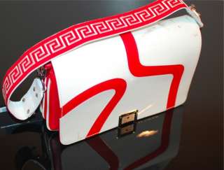   Versace Red White Patent Leather Swirl Wave Greek Key Handbag NR
