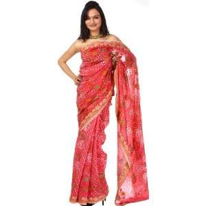 Hot Pink Bandhani Tie Dye Sari with Ari Embrodiery and Floral Border 