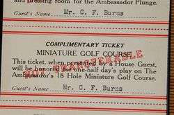 1920s Ambassador Hotel Los Angeles TICKET CARD Golf Pool Movie Show 