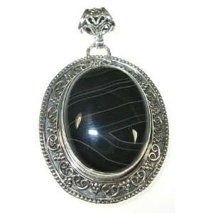  Banded Agate & Silver Filagree Pendant