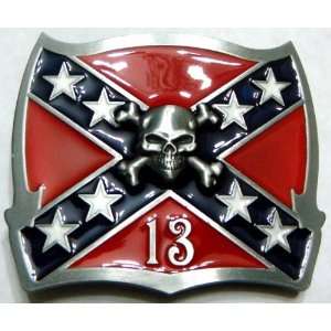 Lucky 13 Confederate Flag Skull & Bones Belt Buckle (Brand New)