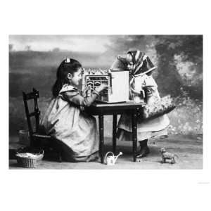  Little Girls Playing with Dollhouse Premium Poster Print 