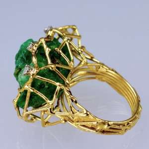 18ct Gold uncut Emerald & Diamond Ring ca1970.Unique Retro Vintage 
