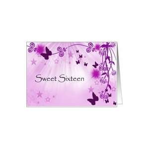  Pink Sweet Sixteen Invitation, purple butterflies on pink 