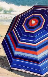   Nautica Striped Beach Umbrella 2 Way Tilt Pole UPF 50+ Patio Carry Bag