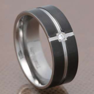 Titanium Flat Top Black Band Grooved Cubic Zirconia Mens Wedding Ring 