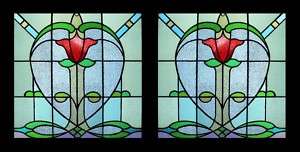ART NOUVEAU FLORAL BEAUTY PAIR STAINED GLASS WINDOWS  