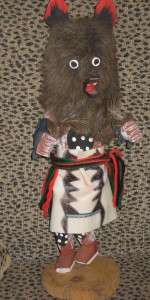 NATIVE AMERICAN KACHINA DOLL HAND CARVED WOLF BROWN FUR  