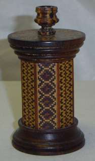 Antique 1800s Tunbridge Inlaid Wood Go to Bed Match Candle Holder 