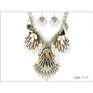 Silver and Copper Tone Cascading Feather Necklace with Earrings True 