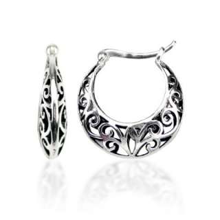  Sterling Silver Bali Inspired Filigree Round Hoop Earrings