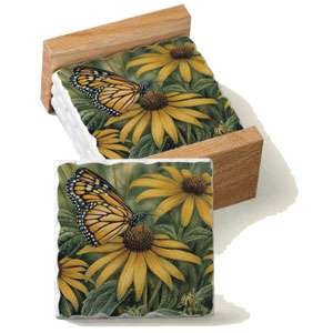 Coaster set with wood holder DEER, BUTTERFLY or ROOSTER  