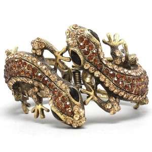   Golden Brown Ctystal Gecko Lizard Hinged Bangle Bracelet Jewelry