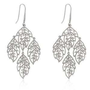 Chandelier Earrings Made of White Gold Rhodium Bonded Leaves and Clear 