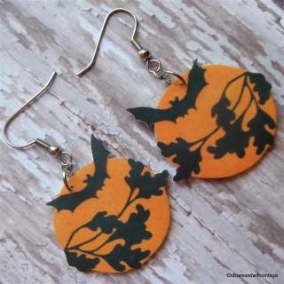Vtg Halloween ephemera bat tree branch black gold orange moon dangle 