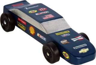 Sample of the Nascar decals on a Pinewood Derby car