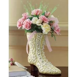  Victorian Boot Vase W/ Fabric Flower Bouquet By 