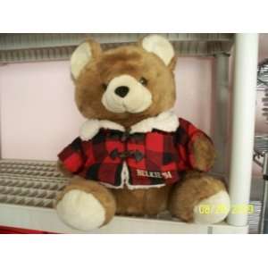 1994 Brown Belkie Bear, wearing a plaid coat and wool inside the coat.