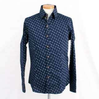 MENS SLIM FITTED CASUAL NAVY BLUE PATTERNED SHIRTS S  