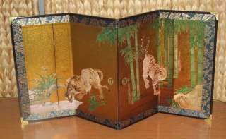 Superb Cond  Japanese Byobu Tigers Bamboo Gold Vintage 4 Panel Folding 