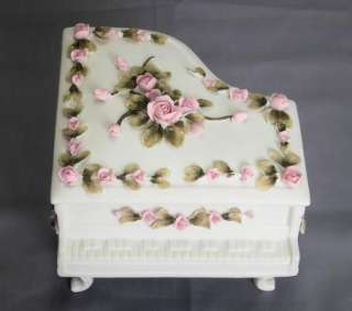 CAMILLE NAUDOT BISQUE APPLIED ROSES PIANO TRINKET BOX  