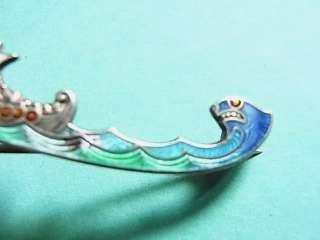   Viking ship sea monster silver enamel bar brooch pin Norway  