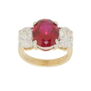  Big Three Stone Ring in Oval Cut Synthetic Ruby and Cubic 