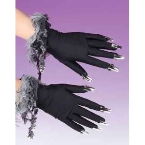  Roman Halloween 35278 Black Witch Gloves with Silver Nails 