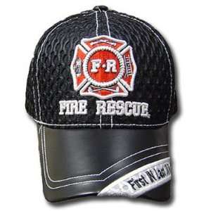  FIRST IN LAST OUT FIRE RESCUE LEATHER BLK MESH HAT CAP 