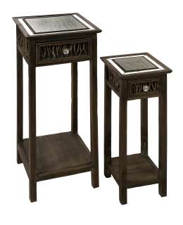 Set of 2 Square Fir Wood Rattan Mirrored Top Inlaid Accent End Tables 