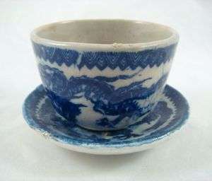Antique Demitasse Blue Chinese Dragon Tea Cup And Saucer  