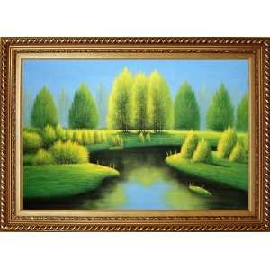  Beautiful Green, Yellow Trees and River Landscape Oil 