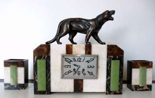 Fab 1925s Art Deco Mantel Clock Set Panther Sculpture  