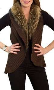 Brown Knit Tback Vest with Natural Raccoon Fur Trim  
