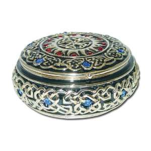 Round Celtic Jewelry Box Enameled pewter box bejeweled with Austrian 