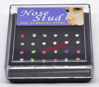 wholesale lots 24pcs stainless steel cz nose stud rings  