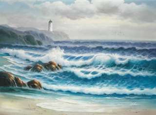 Coastal Lighthouse Storm Waves Blue Ocean Seascape 36X48 Oil painting 