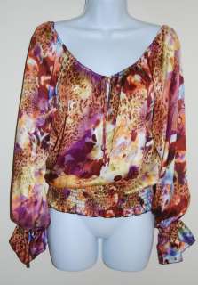 CACHE 100% Silk Floral Leopard Animal Print Banded Tunic Blouse Top S 