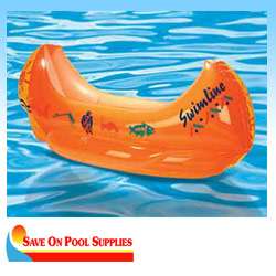 Inflatable ride on canoe with an Indian print pattern. Kid friendly 
