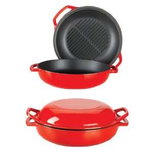 Cast Iron Griddle/2 in 1 Casserole, Red Porcelain Enameled Cast Iron 