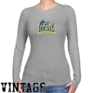 Drexel Dragons Ladies Ash Distressed Logo Vintage Long Sleeve Slim Fit 